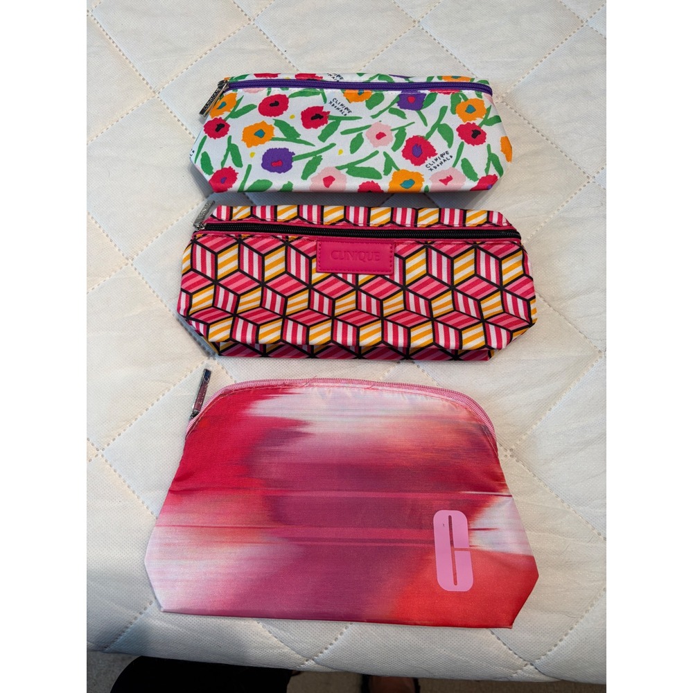 New Clinique Makeup Bag Set of 3 Floral Geometric Pink Ombre Cosmetic Pouches